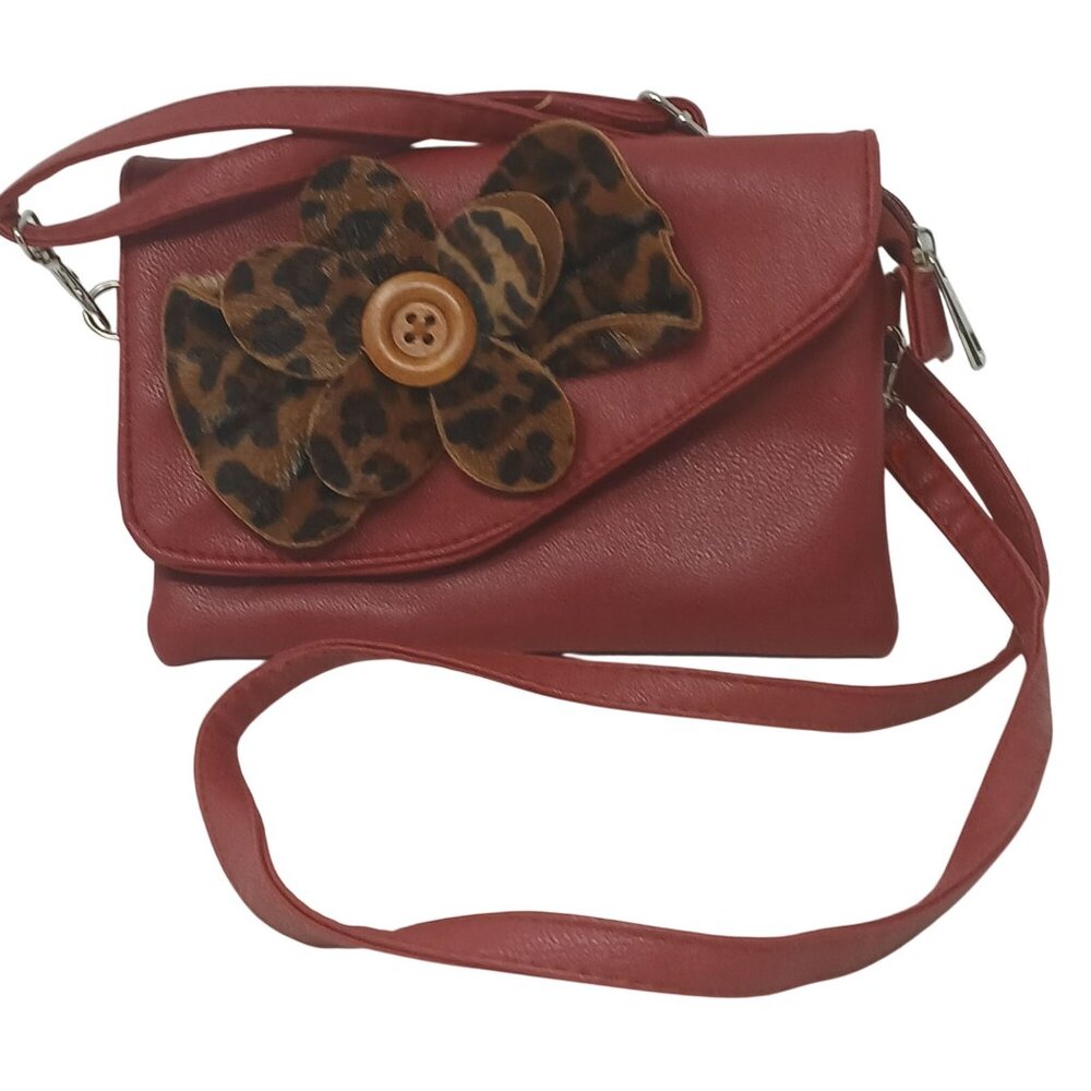 SAX Red W/Animal Skin Faux Fur Bow Button DESIGN Adj Srtap Crossbody 8x5.5" #D36